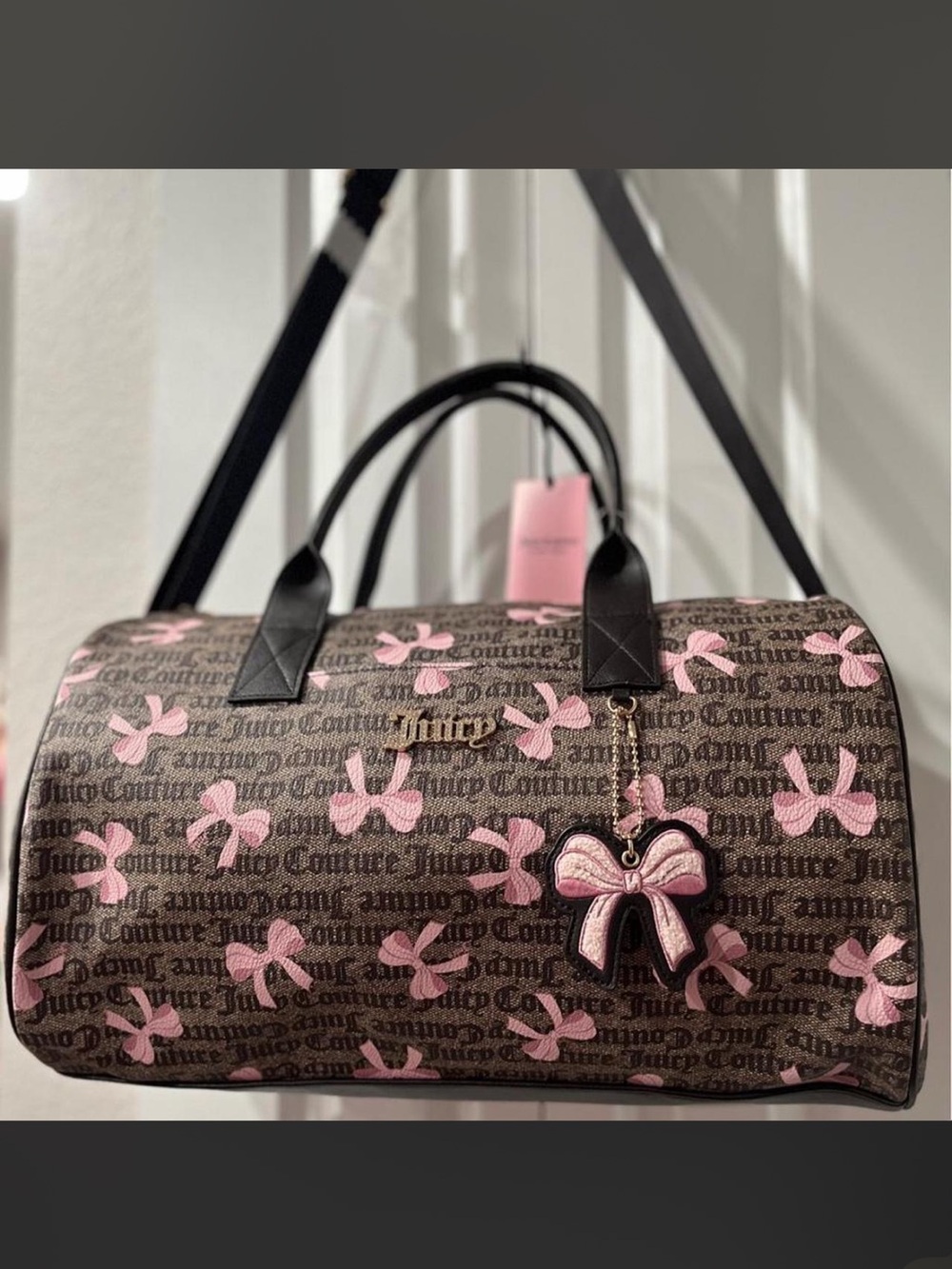 Juicy Couture Brown Monogram Barrel Bag with Pink Bow Accents